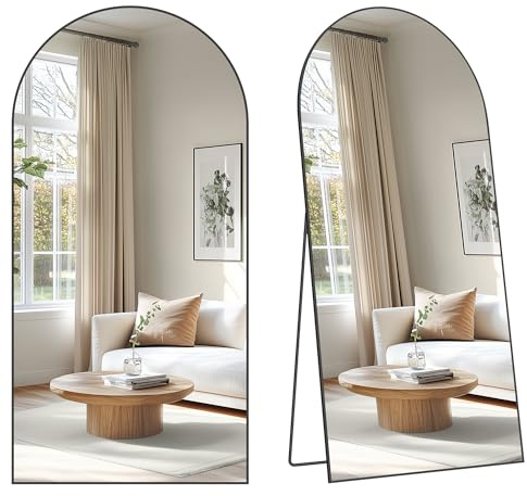 SONGMICS Ganzkörperspiegel, gewölbter Standspiegel, Hartglas, 198 x 89 cm | Rahmen aus Aluminiumlegierung, für Schlafzimmer, Wohnzimmer, Garderobe, Mattschwarz, AILEAS Kollektion LFM063BD01