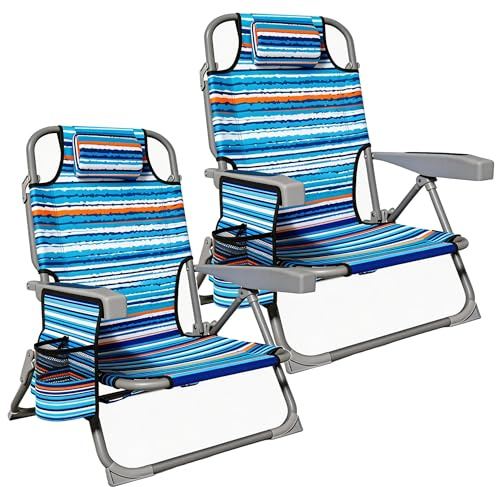 Beach Chair, Lay Flat Folding Backpack Beach Chairs with 5 Position 2 Pack