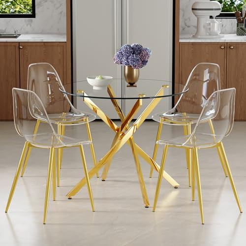 Muskel Modernes Runder Glas Esstisch Set mit 4 Stühlen, 88 cm Tischplatte, transparenten Kunststoff-Esszimmerstühlen Tischgruppe Essgruppe für 4 Personen Esszimmer 4er Set für kleine Küche, Gold