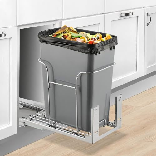 GarveeMore Tiroir poubelle coulissant sous évier cuisine – Structure métallique robuste, fermeture douce, installation facile – Solution gain de place, capacité 30L (sans bac) – Pour placard 27x48cm,