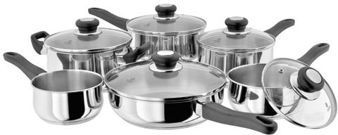 Judge Vista Set of 6 Stainless Steel Pans, 20cm Casserole, 24cm Saute Pan, 16cm, 18cm & 20cm Saucepans with shatterproof Vented Glass Lids, 14cm Milk Pan, Induction Ready, Oven Safe