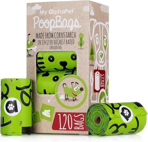 My AlphaPet kompostierbarer Hundekotbeutel – Maisstärke umweltfreundlich – EN 13432 bewertet – 120 Stück 8 geruchlose Rollen Nachfüllpackung – 22cm x 33cm groß – auslaufsicher
