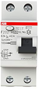 ABB Protecta Plus F202 A-63/0.1 Residual Current Circuit Breaker • 2 Pole • 63A • Type A • 100mA • RCCB • DIN Rail • F200 Series • Earth Fault Protection • 2CSF202101R2630