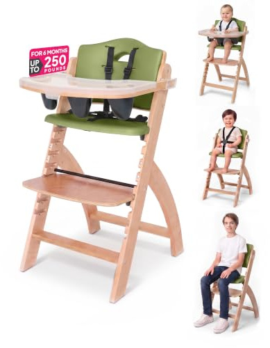 Abiie Beyond Junior Wooden High Chair with Tray - Adjustable and Convertible High Chair for Babies and Toddlers - 6 Months to 250 Lb - Water Resistant - Natural Wood/Olive Cushion
