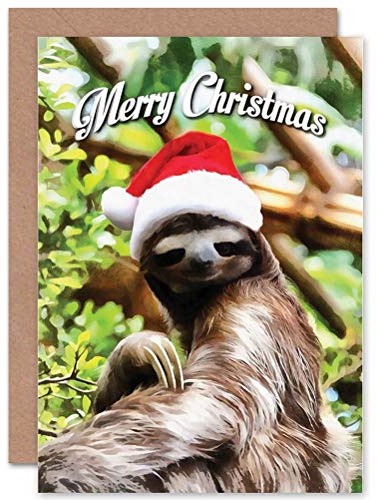 Wee Blue Coo CARD CHRISTMAS XMAS MERRY SLEEPY SLOTH SANTA PRESENT GIFT