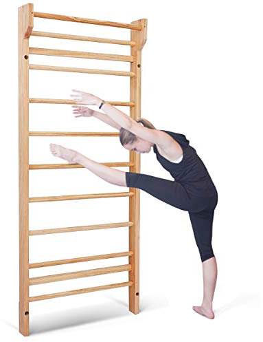 COSTWAY Escalera Sueca Barras de Pared 195x81x14cm Madera Espaldera para Gimnasio Fitness Casa Deportiva Carga hasta 150 kg,Incluye 4 Anclajes de la Pared