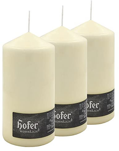 Hofer - Stumpenkerzen Säulenkerzen, 3 Stück Set, Lange Brenndauer ca. 110 Stunden, Durchmesser 10 cm, Höhe 20 cm, Elfenbein Ivory, kein Duft, Tropffrei Wachskerzen, Hergestellt in Österreich
