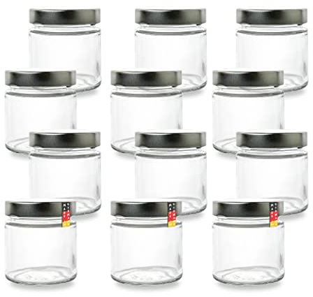 Flaschenbauer - 12er Set Mini Marmeladengläser 212ml - Konservengläser für Marmelade, Konfitüre, Gelee, Gewürze, Honig, mit Silbernen Deckeln, Deep Twist-Off-Mündung 66mm, Luftdicht, Spülmaschinenfest