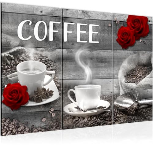 Runa Art Wandbilder Kaffee Küche Bild XXL Esszimmer Küchenbilder Grau Rot Kaffeetasse 120 x 80 cm 3 Teilig 027131c