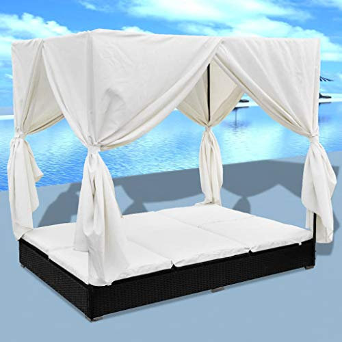 Bett mit Vorhängen,Poly Rattan,mit Sonnendach Garten Sofa Gartenliege,Lounge Liege Set Gartenmöbel,Terrassen,Strandkorb,Outdoor-Loungebett mit Vorhang Poly Rattan Schwarz