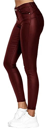 Onsoyours Pantalon Taille Haute Effet Cuir Mouillé avec Fermeture Éclair pour Femme PU Coated Pantalon Femme Pantalons Taille Haute Treggings Skinny Vin Rouge 3XL