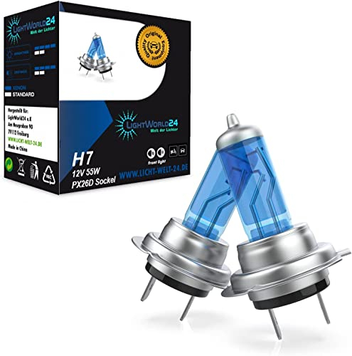 LIGHTWORLD24 Set da 2 lampadine alogene H7 PX26d – Xenon Look Blue White – 12 V 55 W – Anabbaglianti Ultra White