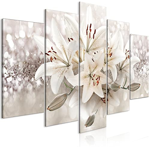decomonkey Bilder Abstrakt Blumen 200x100 cm 5 Teilig Leinwandbilder Bild auf Leinwand Vlies Wandbild Kunstdruck Wanddeko Wand Wohnzimmer Wanddekoration Deko Laub Beige Weiß Lilien
