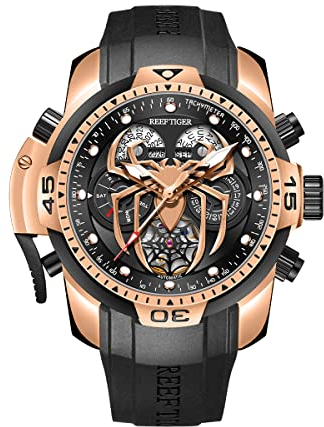 REEF TIGER Fashion Style Sport Automatik Uhr Spinne Zifferblatt mit Kompliziertem Jahr Monat Ewiger Kalender Mechanische Gummi Uhren RGA3532SP (RGA3532SP-PBR)