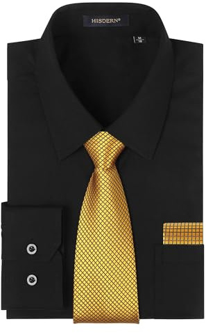 HISDERN Men's Black Shirts Long Sleeve Smart Formal Plain Dress Shirt and Tie Set Business Casual Wedding Regular Fit L