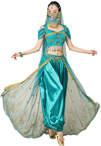 ORIDOOR Damen New Aladdin Jasmin Prinzessin Bauchtanz Halloween Kostüm Set Bauchtanz für Dress Up Party 5-teiliges Outfit, Malachitblau, S