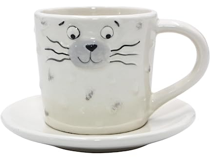 Dekohelden24 Tasse à café en Porcelaine, Tasse avec Soucoupe/Assiette avec Visage de Chat, Hauteur Totale 8 cm, capacité env. 150 ML