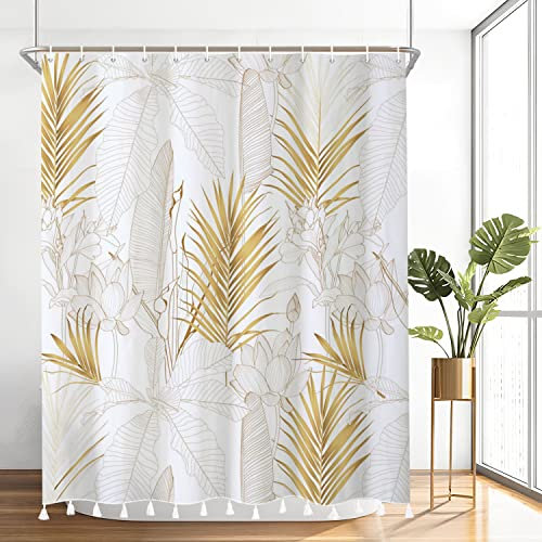 Bovlleetd Rideau de Douche Feuille d'or avec Glands Rideau de Salle de Bain Feuille de Palmier Rideau de Douche Feuille de bananier avec Frange Rideau Art déco imperméable avec Crochets 153x183cm