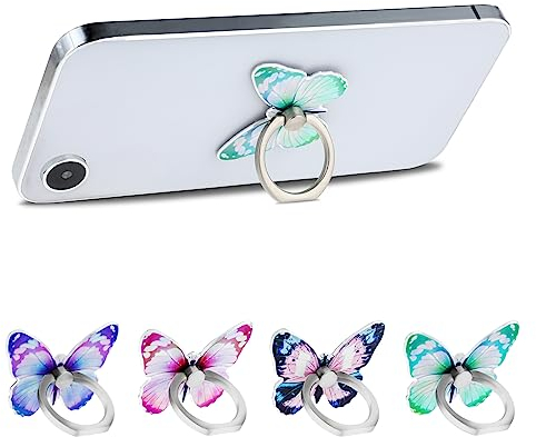 WLLHYF Lot de 4 anneaux de support de téléphone portable en alliage de zinc avec motif papillon rotatif à 360 ° - Motif de doigt - Universel - Compatible avec tous les smartphones