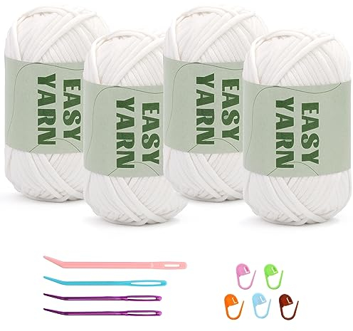 4 X 50g Häkelgarn Wolle zum Häkeln Easy Yarn Chenille Wolle Zum Häkeln Wolle Zum Häkeln gut Sichtbare Maschen, Dicke Wolle zum Häkeln Dickes Baumwoll-Nylon-Weißes mit Häkelzubehör