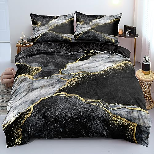Luowei Bettwäsche 135x200cm Grau Schwarz Gold Marmor BettwäSche Set 3D Drucken Mikrofaser Bettbezug und 1 Kissenbezug 80x80cm mit Reißverschluss