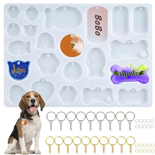 ASUNFO Molde de resina de silicona para placa de perro, gato, hueso, animal, moldes de resina de silicona con 20 llaveros para hacer joyas de resina epoxi, llaveros colgantes, manualidades