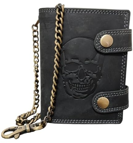 ayados Geldbörse Skull Motiv Herren Echt Leder Portemonnaie mit Hosenkette Geld-börse Portmonee Vintage Wallet Totenkopf (Skull Geldbörse mit Kette Schwarz Hochformat 103(DL))