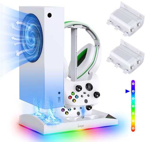 Gorixer Charging Stand with Fan for Xbox Series S, 2 x 1400mAh Batteries for Controller, Accessories with 15 LED Light Mode, Headphone Hook, USB-C Cable, Dual Charging Station and Cooling System