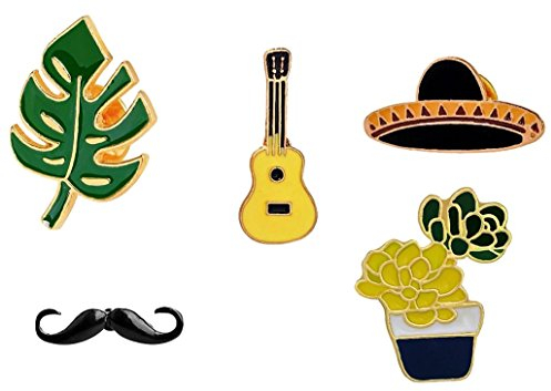 Lot de 5 badges en feuille de palmier, motif guitare, cactus, sombrero mexicain, moustache, Alliage
