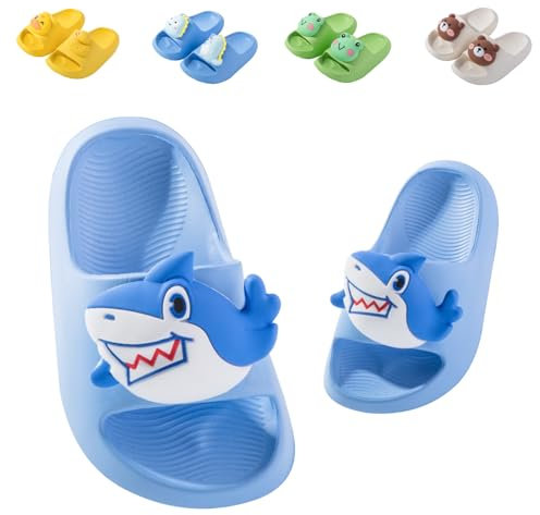 Badelatschen Kinder Flache Sommer Hausschuhe Jungen Mädchen Dusch Badeschuhe Strand Pantoletten Slippers Eltern-Kind Sandalen Leicht Anti-rutsch Badeschlappen Hai Blau 28-29 (Etikettengröße 180mm)