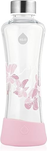 EQUA Magnolia Glasflasche 0,55L Sportflasche aus Glas 550ml mit Silikonboden Design Trinkflasche für unterwegs und im Büro Smg