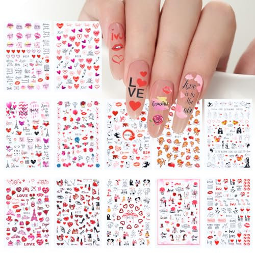 12 Blätter Nagelsticker Blumen Valentinstag Nagelaufkleber Selbstklebend,Liebe Nagelaufkleber,Nail Sticker Nagel Aufkleber Graffiti Katze Nagelaufkleber Gesicht,Amor Nagelaufkleber Nail Art Zubehör