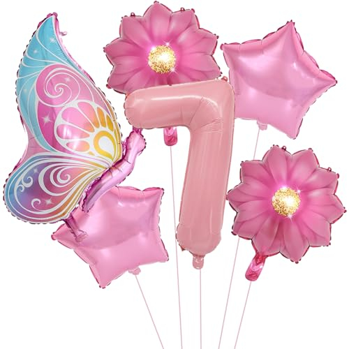 VIKY® Schmetterlinge Deko 7 Geburtstag Mädchen, Folienballon Schmetterling Deko Luftballon 7. Geburtstag Mädchen, Geburtstagsdeko 7 Jahre, Schmetterling Folienballon 7 für Deko Kindergeburtstag