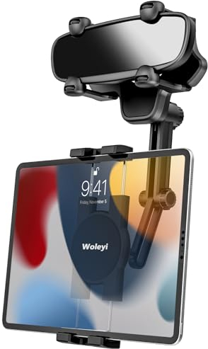 woleyi Auto/LKW Rückspiegel Tablet Halterung [Multifunktionale Drehbare] KFZ Handy Tablet Spiegel Autohalterung Verbesserte 4 Ecken für Pro Air Mini, iPhone, Galaxy Tab, Fire, 4-11 Geräte