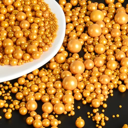 OSDUE Gold Streusel,130g Essbare Gold Zuckerperlen Perle Zucker in Mischgrößen Backkuchen Cupcake Topper Cookie-Dekorationen für Valentinstag Geburtstage Weihnachte