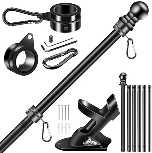 BONWIN Schwarzes Fahnenmast-Set für Außenhaus, 2,1 m, verdickter Edelstahl, Wandhalterung, Fahnenmast für 90 x 150 cm, 100 x 150 cm große Flaggenring-Clips und 2-Positionen-Halterung für Veranda, Hof