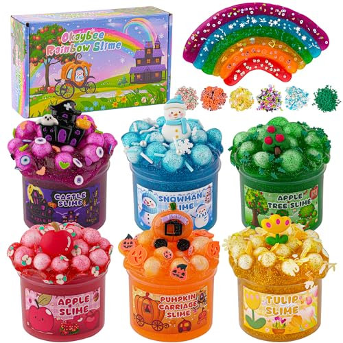 Okaybee 6 Pack Crystal Slime Kit, Glitter Crunchy Slime Set, Regenbogen Schleim für Kinder, Schleim Party Geschenke, Sensorisches Spielzeug, Geburtstags Ostern Halloween Mädchen und Jungen