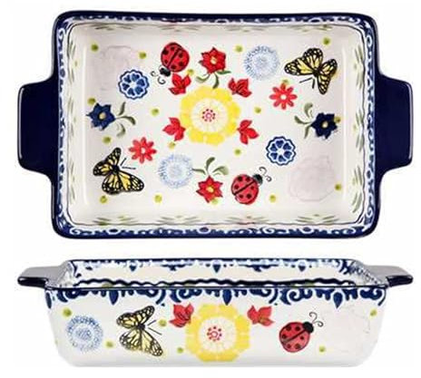 CRCRC Keramik-Auflaufform mit Griffen, bunte Blumen- und Schmetterlings-Auflaufform for den Ofen, rechteckiges Backgeschirr for Cannelloni, spülmaschinenfest