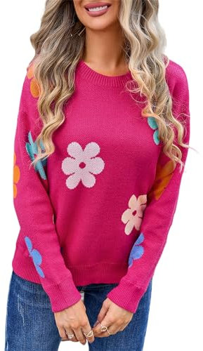 HEYPORK Damen Herbst Winter Warm Bequem Pullover Casual Mode Strickjacke Strickpullover Frauen Blume Colour Blocking Rundhals Peplum Strickpullover(Rosenrot, M)