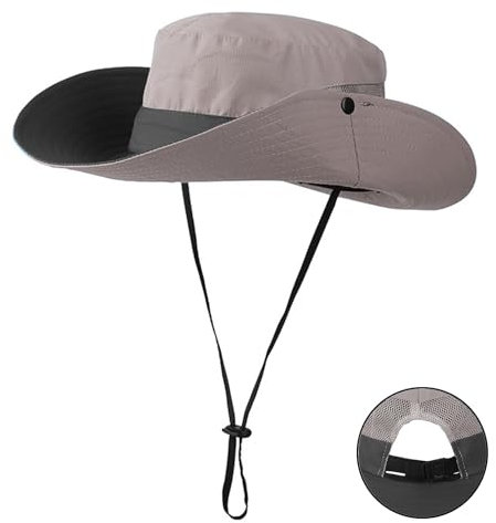 crazy bean Sonnenhut Damen Faltbar Boonie Hat Mesh Wanderhut mit Breite Krempe Safari Hut mit Pferdeschwanzloch Outdoor Fischerhut Buschhut Grau