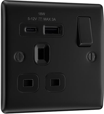 BG Electrical Single Switched Power Plug Wall Socket with Type A USB and Type C USB Charging Ports, Fast Charge, Raised and Slim Profile, Round Edges, Nexus Metal, Matt Black, 13A, 18W, NFB21UAC18B