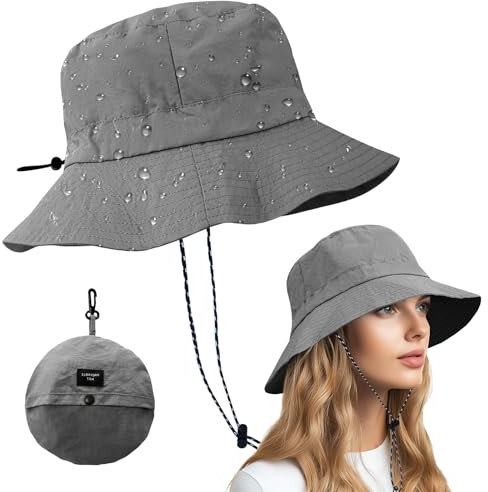 Qaestuan Fischerhut, UV Schutz Wasserdicht Fischerhut, Outdoorsonnenhut mit Kinnriemen, Tragbar Faltbarer Fischerhüte, Unisex Verstellbare Sonnenhut, für Wandern Camping Reisen Angeln (Grau)