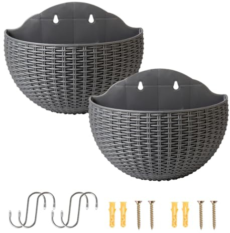 Senda Wall Mounted Hanging Planters, 2 Pcs Half Round Plastic Flower Pot Plants Basket with Drainage and 4 Hooks, 4 Screws for Garden Patio Balcony Fence (Gray)