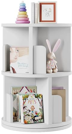 oneinmil Drehbares Bücherregal mit 2 Ebenen 360° Frei,Drehregal Büroregal,für Wohnzimmer, Arbeitszimmer, Büro, als Raumteiler 40 x 40 x 65 cm,Weiß