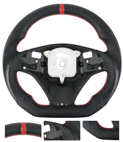 Acclcors Vollleder-Lenkrad, rutschfest, perforierter Ledergriff, D-förmig, flache Unterseite, Lenkrad mit roter Naht für BMW M Sport 1/3 Serie M3/E88 E90 E91 E92 E93 2005–2012