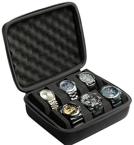 AUKURA Hartschalen-Reiseetui mit 6 Fächern, Herren-Uhren-Reise-Organizer, harte Uhrenbox für Anzeige und Organisation (schwarz, 6 Fächer mit 2 Fächern)