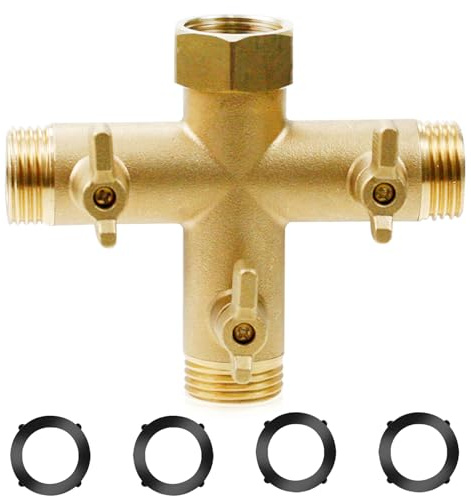 Wasserverteiler 3 Wege Messing, T Verteiler mit Dichtungsring, 3/4” Zoll Verteiler 3 Wege mit Absperrventil zum Einstellen und Absperren, Wasseranschluss Garten Hoher Durchfluss für Waschmaschine