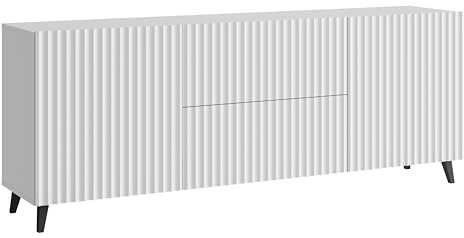 Meuble TV Phuket 181 cm - Buffet moderne avec façades fraisées, MDF, fermeture douce, pieds noirs, étagères réglables, style scandinave, designs et couleurs différents (blanc fraisé)