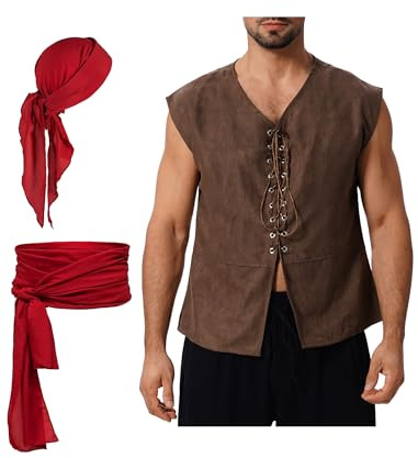 OBEEII Mittelalter Weste Herren Piraten Kostüm Set with Bandana Gürtel Renaissance Victorian Ärmellos Gothic Viking Steampunk Halloween Cosplay Weste Dunkle Kaffeeweste Rot Zubehör L