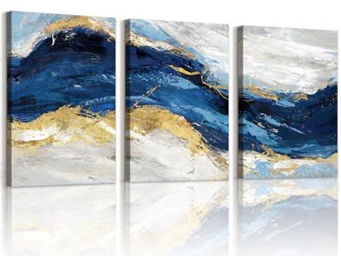 WENGTIAO 3 Pcs Abstrakt Minimalistisch Leinwand Bilder Gerahmte Kunstdrucke | Marineblau Meereswelle Gold Grau Aesthetic Malerei auf Leinwand Wohnzimmer Schlafzimmer 50x70cmx3